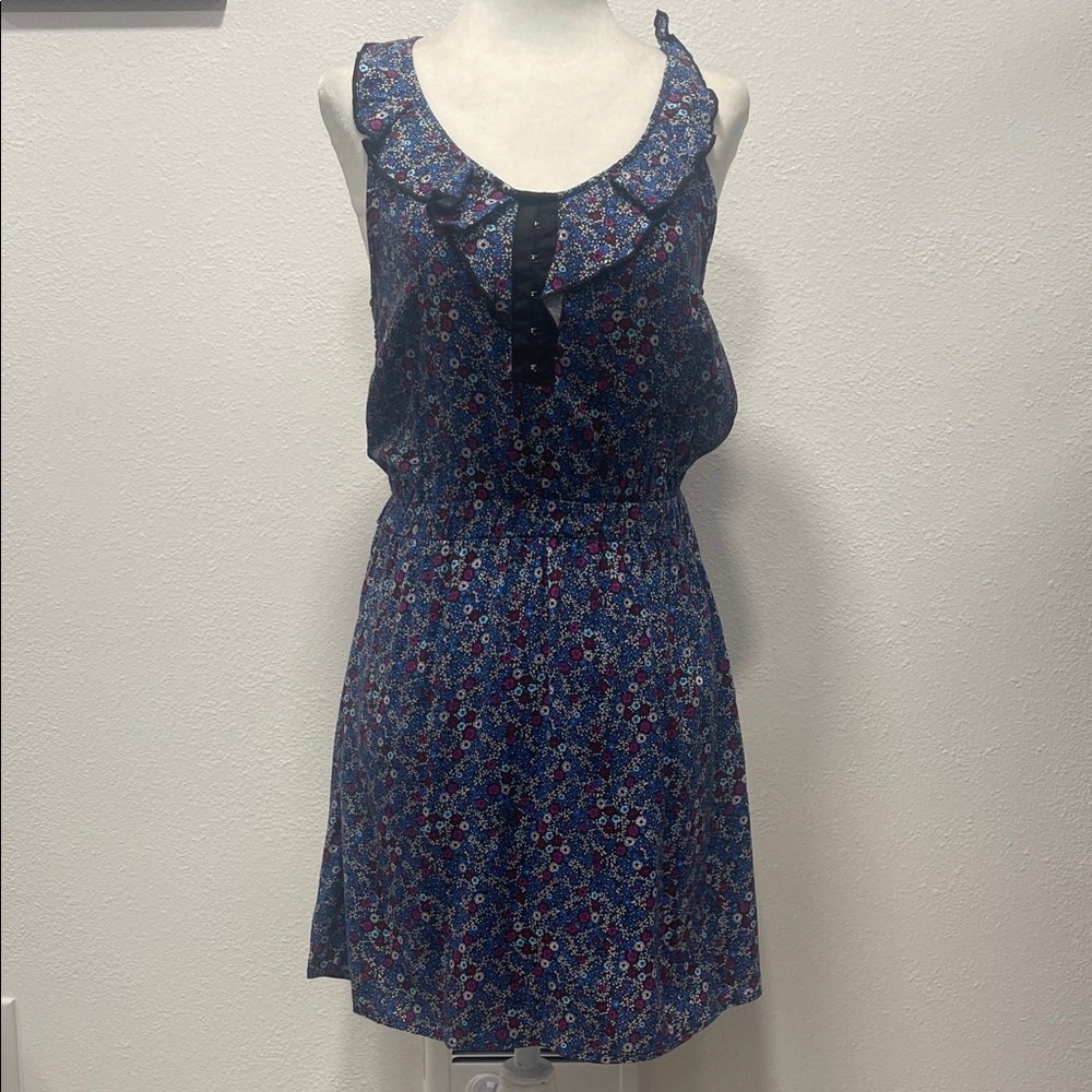 Belle du Jour Blue & Purple Floral Sleeveless Ruffle Neck Dress
